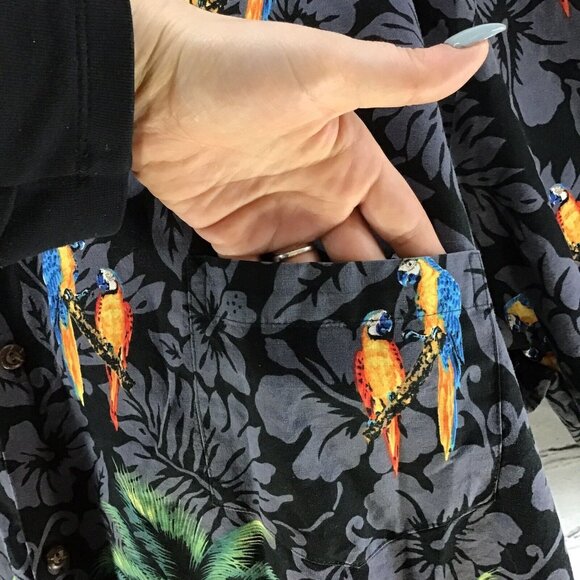 Pacific Legend Hawaiian Shirt Black Gray Parrots Jungle Foliage Button Down - Picture 4 of 7